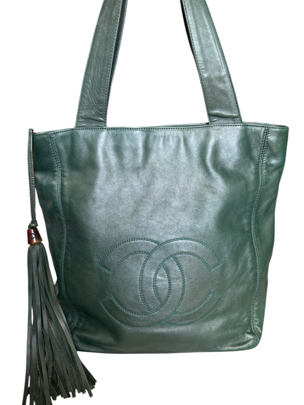 Chanel COCO Mark Lambskin Leather Tassel Fringe Shoulder Bag Green