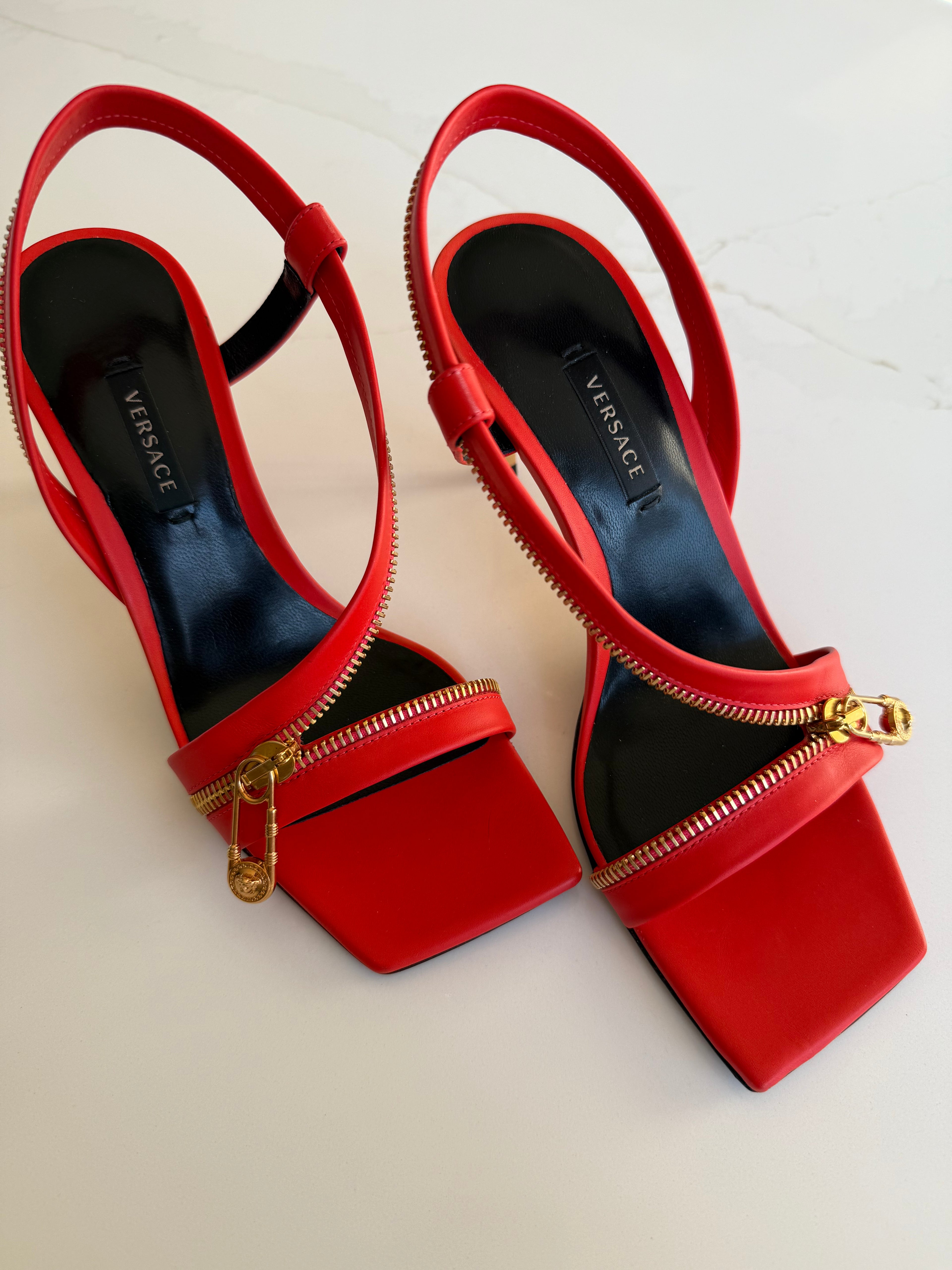 Versace 36.5 Runway Gold Logo Safety Pin Shoes