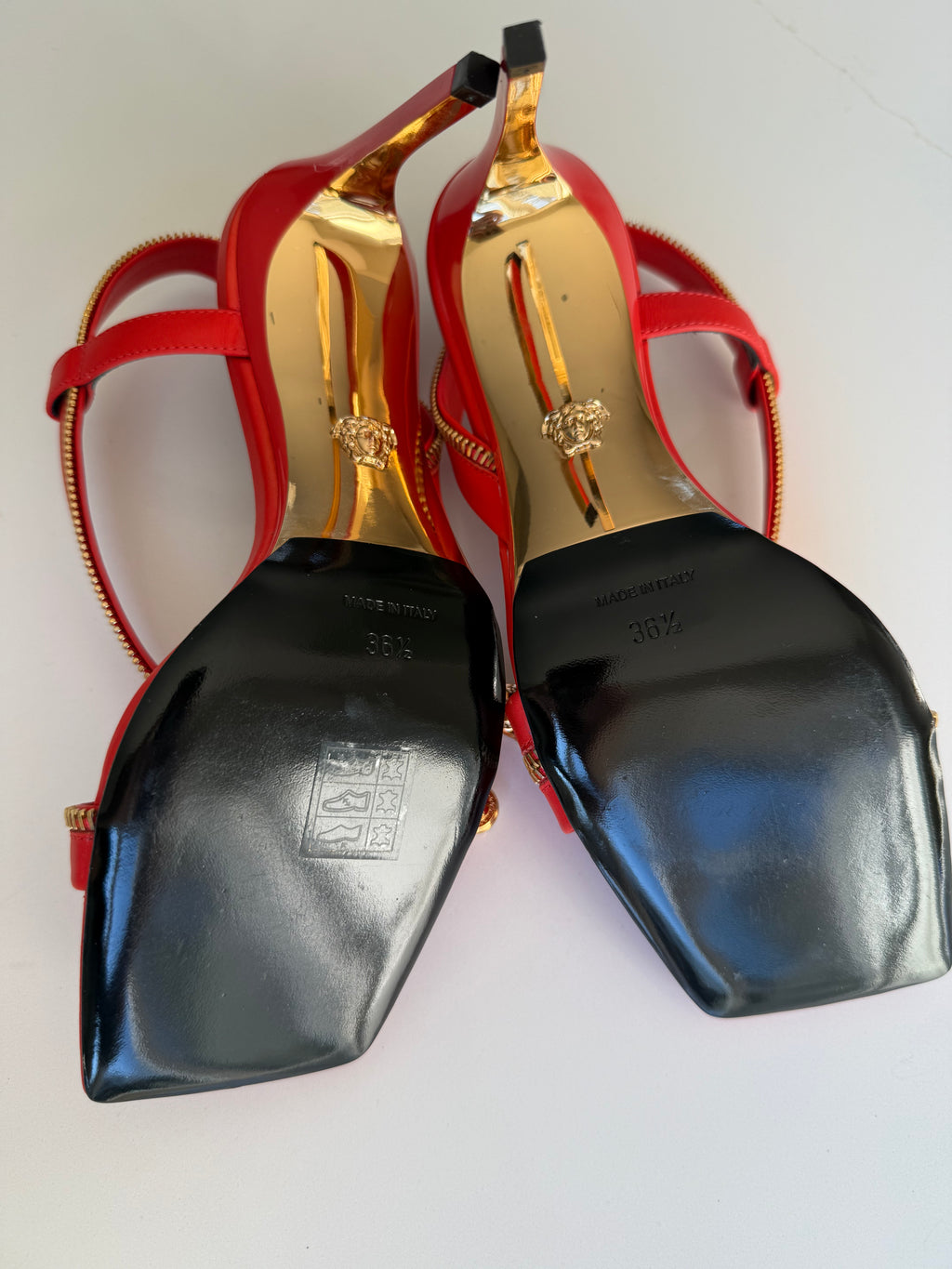 Versace 36.5 Runway Gold Logo Safety Pin Shoes