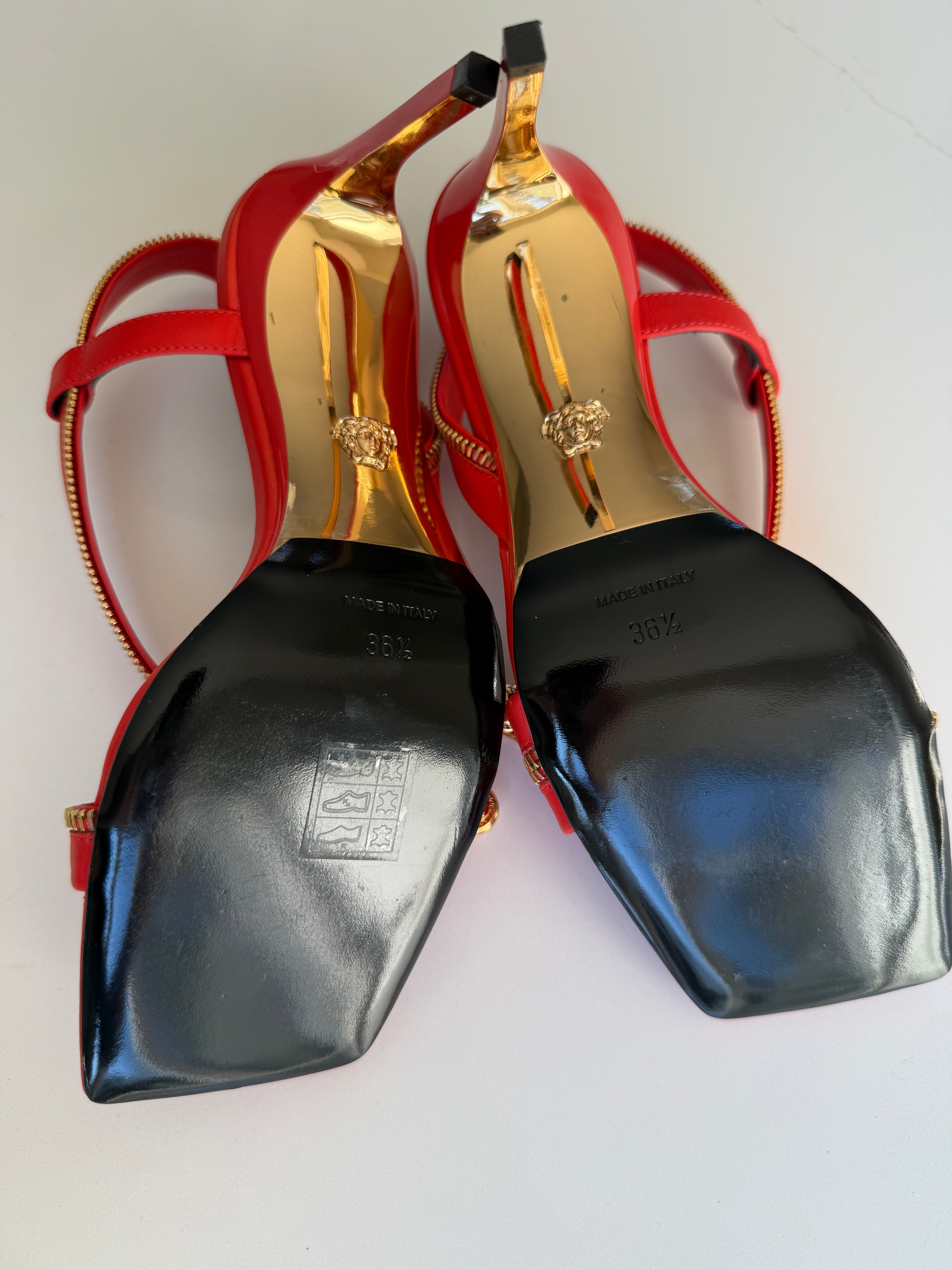 Versace 36.5 Runway Gold Logo Safety Pin Shoes