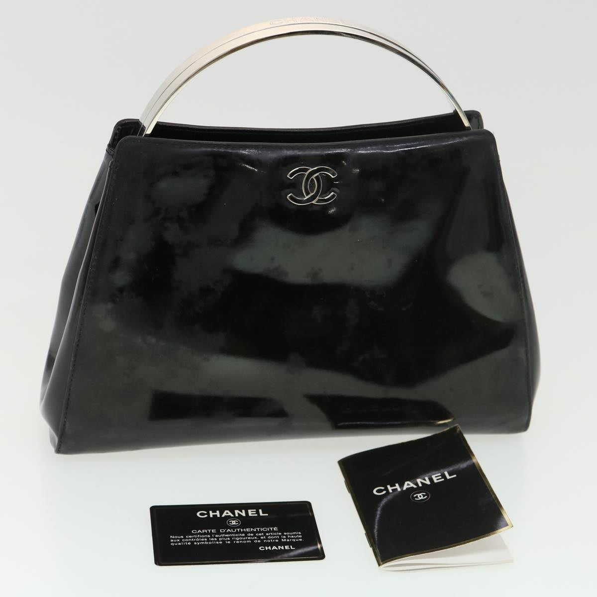 Chanel Hand Bag Enamel Black CC Vintage