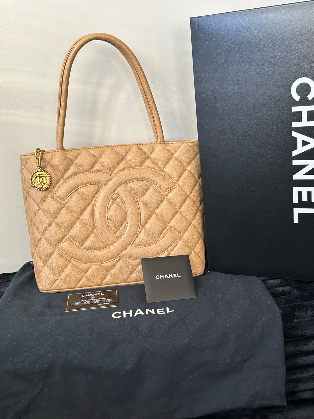 Chanel Classic Gold Medallion CC Quilted Caviar Leather Tote Bag