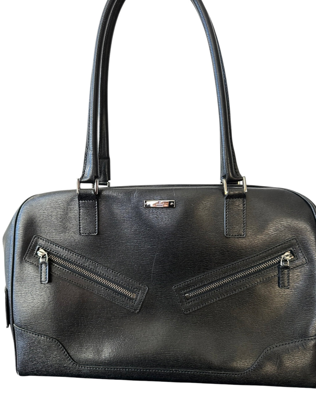 Gucci Front Angle Zipper Black Leather Shoulder Bag