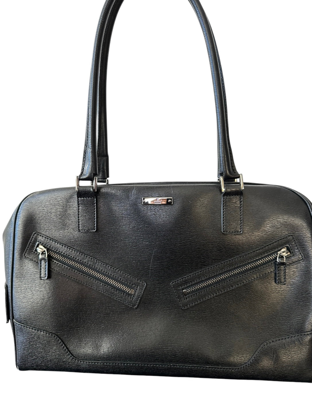 Gucci Front Angle Zipper Black Leather Shoulder Bag