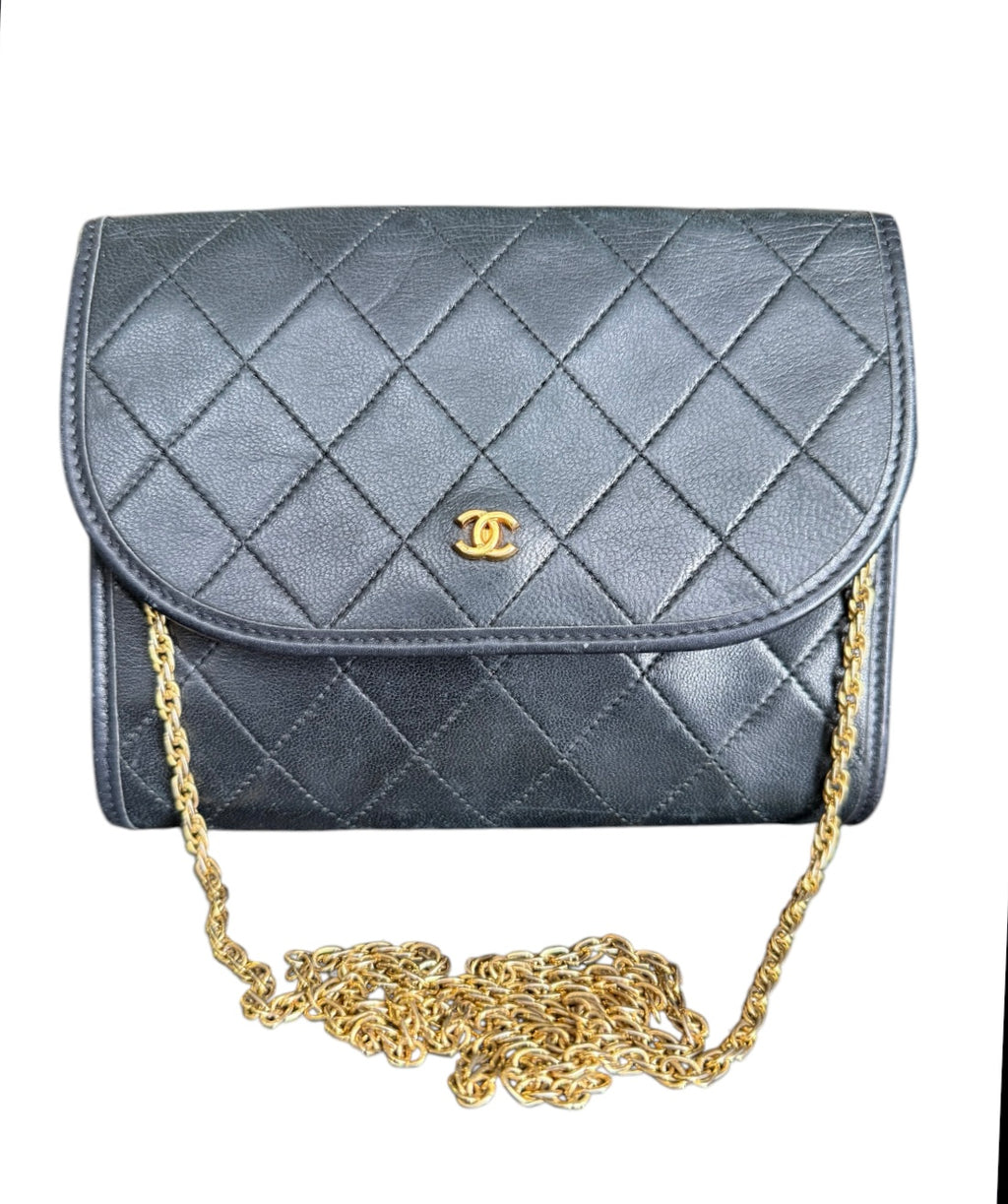 Chanel Vintage CC Mini Pushlock Quilted Lambskin Leather Chain Crossbody